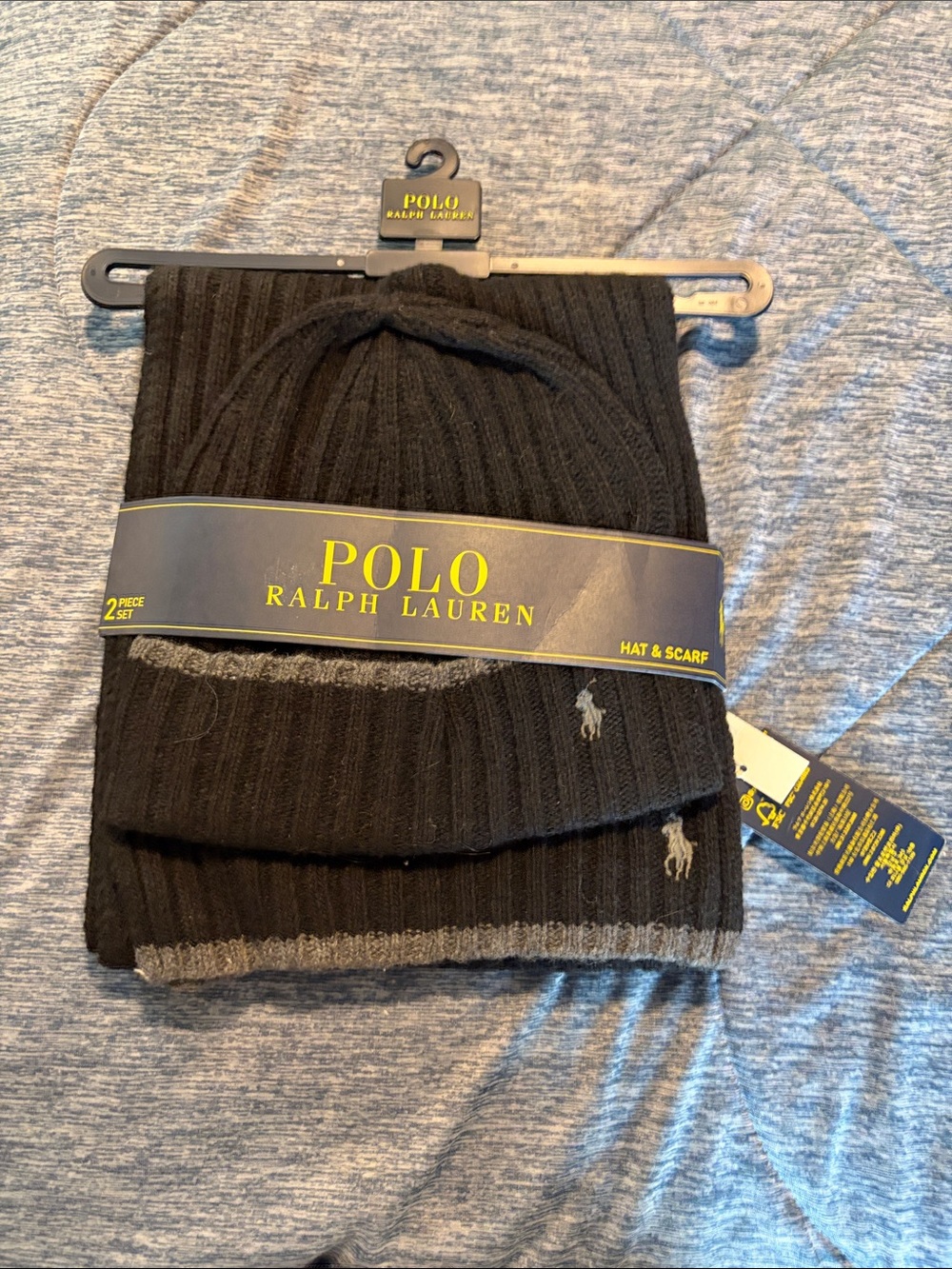 Polo by Ralph Lauren Black Ribbed Knit Hat & Scarf Set with Logo